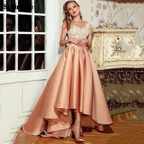 Sevintage Short Front Long Back Satin Prom Dresses Pleats Tea-Length Evening Dress Appliques Lace Party Gowns Princess Buttons