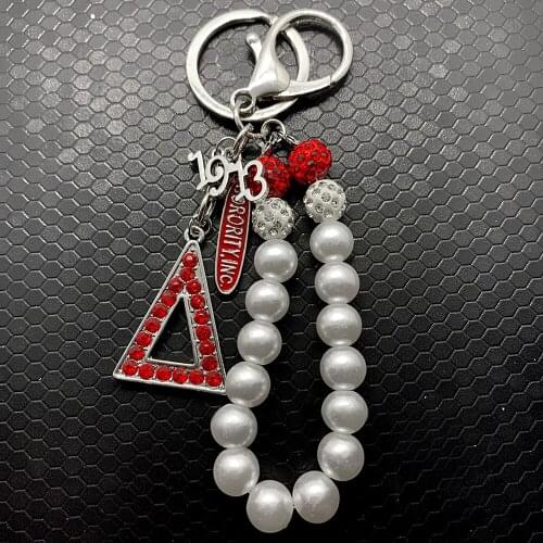 Red rhinestone inlaid metal DELTA letter pendant keychain 1913 sorority society jewelry pearl key chain
