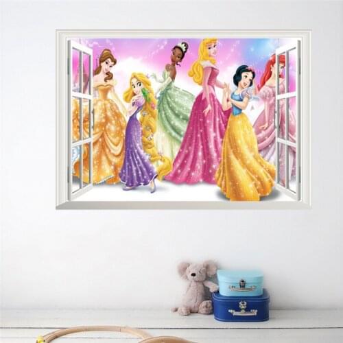 Cartoon Princess 3D Window Wall Sticker For Kids Rooms Wall Decals Home Decor Adesivo De Pared Mural Poster Girls Gift