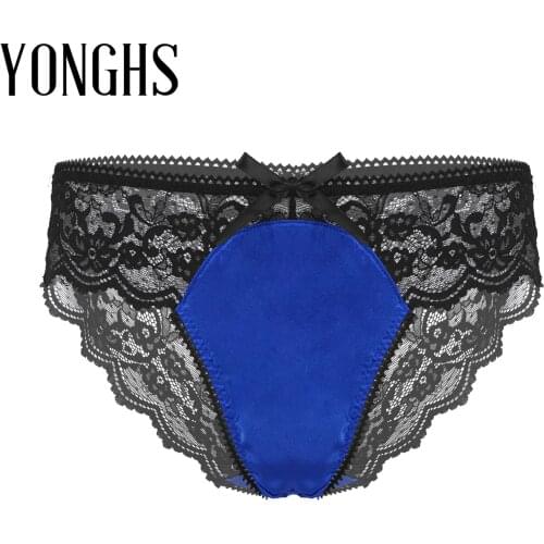 Mens Sissy Lingerie Underpants See-through Floral Lace Bowknot Panties Satin Patchwork Low Waist Elastic Waist Sexy Underwear