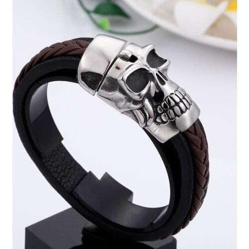 Stainless Steel Vintage Silver Color Skull Button Black Brown Leather Braided Chain Mens Boys Bracelet Bangle 9.05inch 15mm Wide