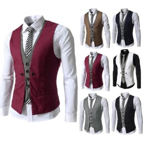 Men Vests 2021 Sleeveless V Neck Single-breasted Slim Gilet Business Suit Top Waistcoat