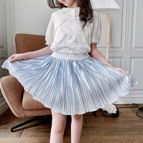 Summer new product blue and silver pleated skirt, girls western style pleated mid-skirt, sweet mesh short skirt