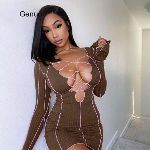 Lace Up Deep V Neck Ribbed Long Sleeve Bodycon Dresses Women Patchwork Hot Club Partywear Sexy Fashion Mini Dress Fall