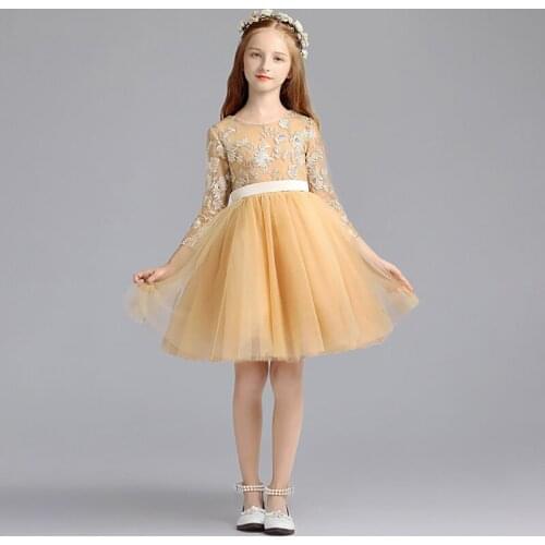 Flower Girl Dresses Illusion Three Quarter O-Neck Princess Crystal Gold Knee-Length Lace Tulle Embroidery Kids Party Gown H161
