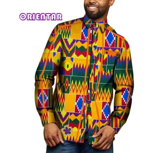 Casual Men African Shirt African Print Long Sleeve Turn-down Collor Shirt with Line Patchwork Applique African Clothes WYN1117
