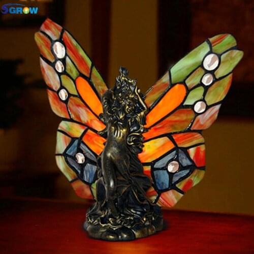 SGROW Art Deco Hand-made Glass Butterfly Lampshade Desk Lights for Bedroom European Tiffany Table Lamp Indoor Lighting Fixtures