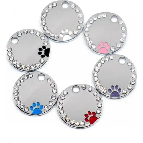 Wholesale 100Pcs Rhinestone Cute Circle Paw Engraved ID Dog Tag Stainless Steel DIY Dog id Tags Pet Shop For Dog Personalized