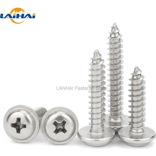 50pc M1.4 M1.7 M2 M2.6 M3 M4 DIN968 304 Stainless Steel Cross Phillips Pan Round Head With Washer Collar Self Tapping Wood Screw