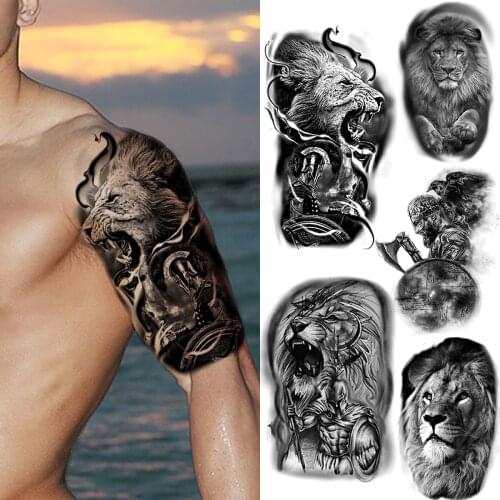 Realistic Large Lion Arm Tribe Temporary Tattoos For Men Adult Tiger Knight Fake Tattoos Stickers Body Art Water Transfer Tatoos