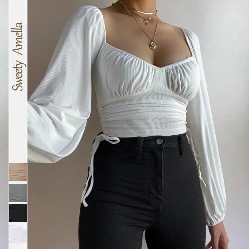 Ribber Knitted Crop Top Women Sexy Long Sleeve T Shirt Skinny Autumn Winter Slim Tee Lady Clothing T-shirts Tees 2021