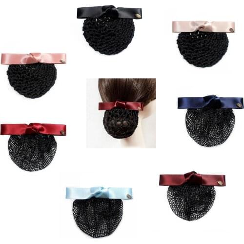 Womens Satin Bow Snood Net Hairnet Barrette Airline Hostess Nurse Hair Clip Bun Cover Hair Accessories