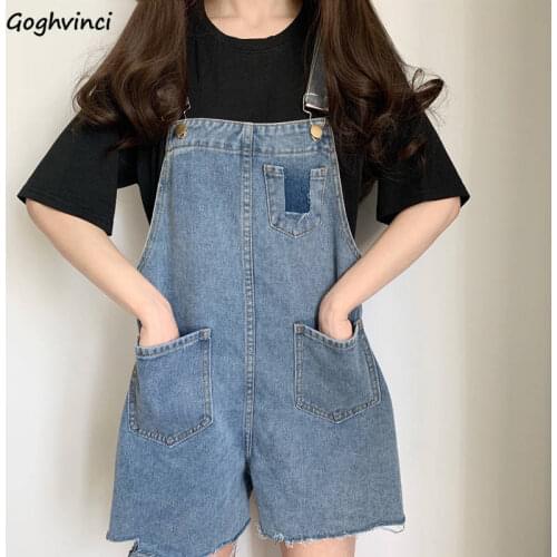 Rompers Women Sleeveless Solid Simple Ripped Holes Vintage Trendy Retro Elegant Students Denim Cool Loose Chic Wide Leg Casual
