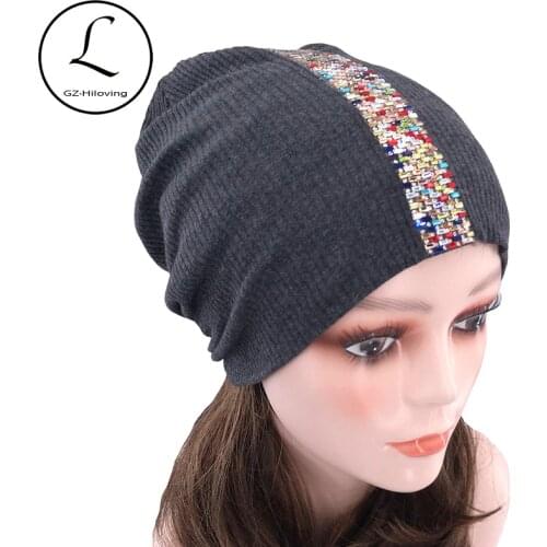 Women Ribbed Rhinestone Beanie Hats For Ladies 2019 New Slouchy Cotton Knitted Beanie Skullies Cap Warm Bonnet Christmas Gifts