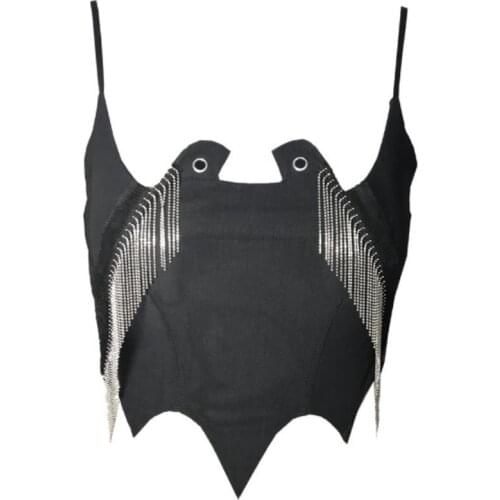 2021 New Camisole European American Slash Neck Slim Camis Solid Color Spliced Mesh Tassels Sexy Backless Crop Top Black Tanks