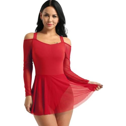 Women Off The Shoulder Long Sleeve Gymnastics Leotard Dancewear Ballet Figure Skating Dress Stage Performance Dance Costume