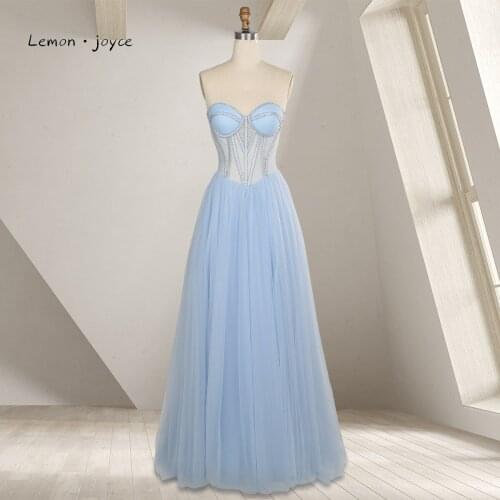 Lemonjoyce 2021 Blue Prom Dress Sexy Sweetheart Beaded Illusion A-Line Party Dress Formal Dress Gown