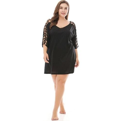 Elegant Plus Size Oversized Dresses Short Sleeve Hollow Loose V- Neck Dress Casual Strapless Knitting Beach Dress for Women