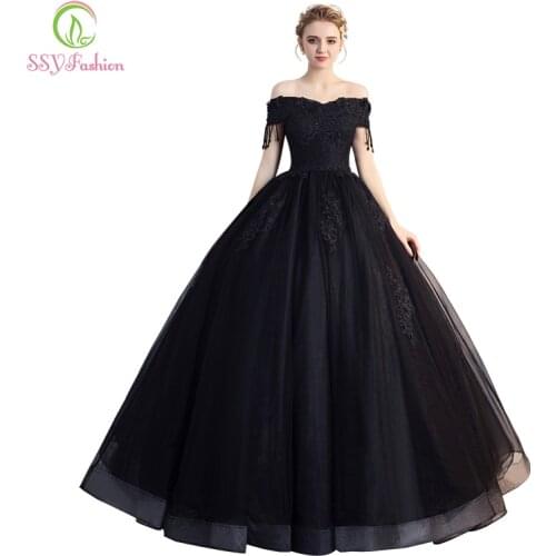 SSYFashion New Black Prom Dress Banquet Elegant Boat Neck Floor-length Appliques Beading Evening Party Gown Formal Dresses