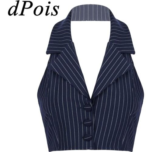 Womens Stripe Vests Elegant OL Waistcoat Suit Vest Halter Neck V-Neck Office Ladies Crop Tops Business Formal Work Wear Mujer
