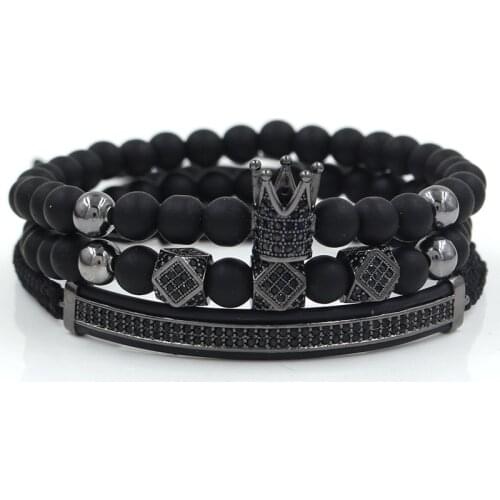 3pcs/Set Natural Stone Elastic Bracelet Micro Pave CZ Crown Matte Charms Beads Bracelets For Men Hip Hop Jewelry