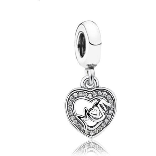5PCS New White Crystal Zircon Heart Mom Pendant Zinc Alloy Dangle Hollow Charm Fit DIY Berloque Bracelet For Monthers Day Gift