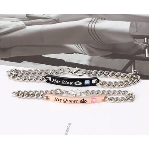 2Pcs Jewely Gift for Lovers His Queen Her King Stainless Steel Couple Bracelets