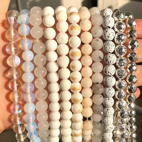 Natural Stone Beads White Jades Agates Gold Hematite Round Loose Mineral Beads for Jewelry Making DIY Handmade Bracelet 15inches