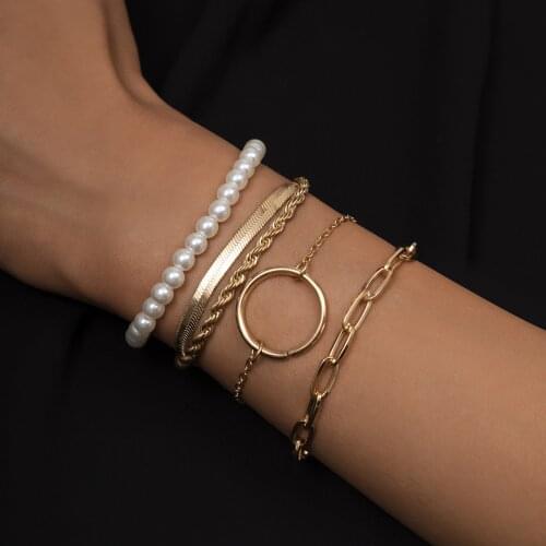 DIEZI Vintage Hip Hop Imitation Pearl Chain Beads Bracelets Punk Gold Silver Color Circle Snake Chain Bracelet Sets Boho Jewelry
