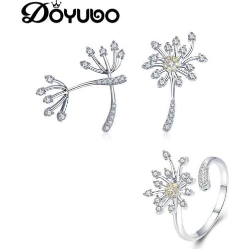 DOYUBO New Design Pure Silver Dandelion Shpae Earrings & Ring Jewelry Set For Women Cubic Zirconia Flower Accessories Set AB003