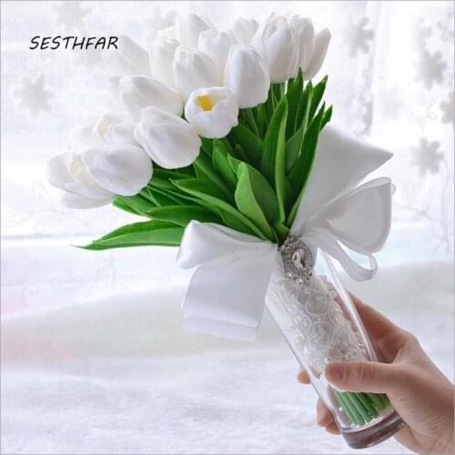 Handmade Artificial Flowers Tulip Bridal Bouquet Fleur Mariage White Pink Bride Bouquet Romantic Wedding Accessories SPH060
