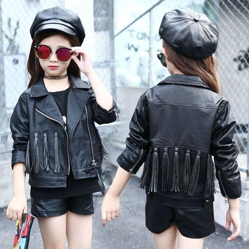 Kids Girls Leather Jackets Childrens Black Faux Leather Tassel Zipper Coat Teenager Girls Motorcycle Jacket Outerwear Clothing