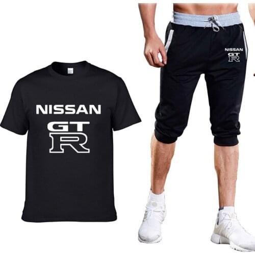 Summer new Mens tops GTR Car Logo Printed Cotton High Quality Cotton Mens short sleeve+3/4 jogging shorts 2-piece set