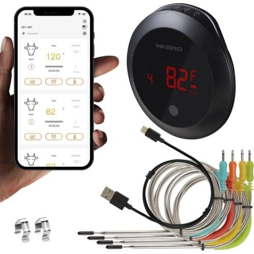 INKBIRD Bluetooth Meat Thermometer IBT-4RT Multifunctional Smart Magnet Grill Thermometer with 4 Colored Probes Rotatable Screen