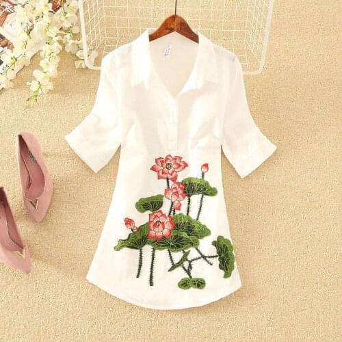 New ethnic style retro embroidery loose and thin all-match shirt women