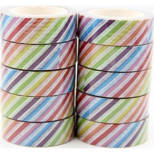 New 10pcs/set 15MM*10M Rainbow Colorful Stripes Washi Tape Decorative Tape Papelaria Label Masking Sticker Tape stationery
