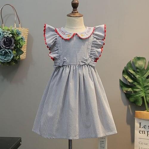 2020 New Summer Girls' Dress Bow Flying Sleeve Striped Lapel Floral Party Princess Dress Childrens Kids Girls Clothing