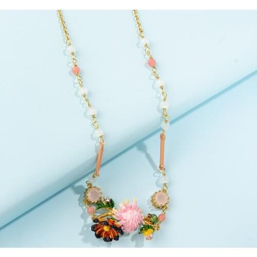 Autumn and winter Monets garden series gold-plated enamel necklace fashion style ladybug pink flower necklace jewelry female