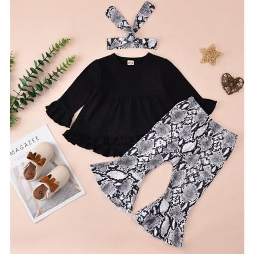 Toddler Kids Baby Girls Autumn Black Ruffle Long Patal Sleeve Flower Top Leopard Pants Leggings Headband Outfits Set Clothes