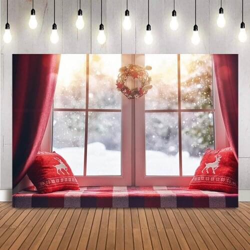 Christmas winter windows photography backdrop red curtrain snowflake photo booth background studio elk Merry Christmas Decor