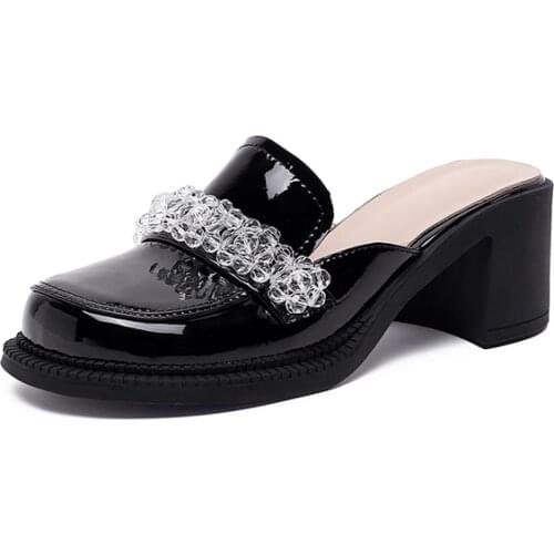 EGTPINAOP Summer Sandals Woman Baotou Platform Rubber High Heel Slippers Genuine Cow Leather Outdoor White Patent Leather Shoes