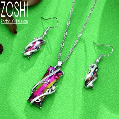 Mystic Multicolor Rectangle Stone Drop Earrings/Necklace Set Novel Design Anniversary Party Women Jewelry Factory DirectSale Set