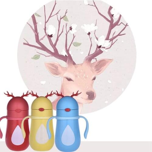 Cute Antlers Thermos Cup Stainless Steel Insulation Bottle For Water Double Handle Straws Cup Creative Gift Childrens Drinkware