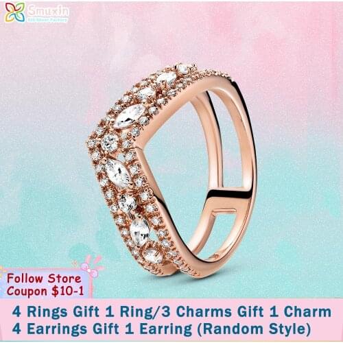 Smuxin 925 Sterling Silver Ring Pink Sparkling Marquise Double Wishbone Ring Original Women Rings Women Jewelry Making Girl Gift