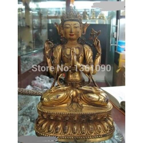 Xd 00664 10"Tibet Lhasa Fane Pure Bronze 24K Gilt Four-Arm Kwan-Yin Buddha statue