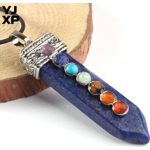 YJXP Classic Silver Plated Sword Shape Lapis Lazuli with Round Beads Chakra Pendant Vintage Jewelry