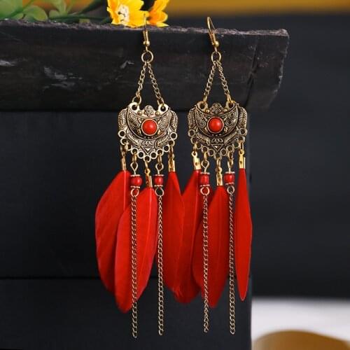 Boho Summer Blue Long Feather Earrings for Women Vintage Silver Color Flower Beads Tassel Earings Fashion Jewelry Oorbellen