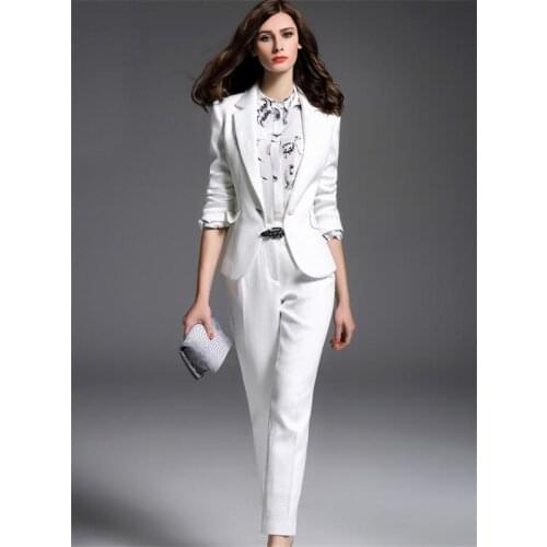 White Notch Lapel Business Formal PantSuits Women 2019 Elegant Full Sleeve Jacket Long Pants 2 Pieces Suit Female Pantsuit