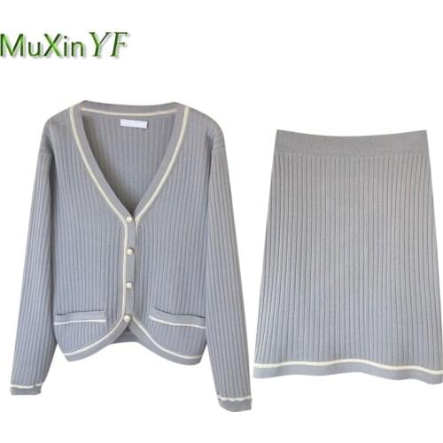 Women Graceful Two Pieces Knitted Outfits 2021 Spring Autumn Office Lady Elegant Sweater Cardigan+skirts Set Fashion Coats Tops