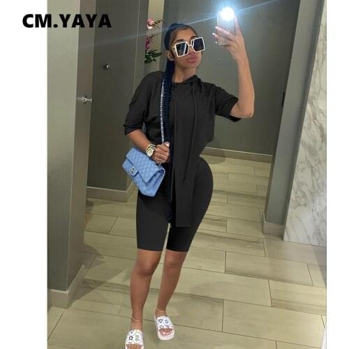 CM.YAYA Women Set Solid Half Sleeve Hooded Asymmetrical Tops Strechy Shorts Two Piece Sets Tracksuit Summer Outfit Workouts 2021